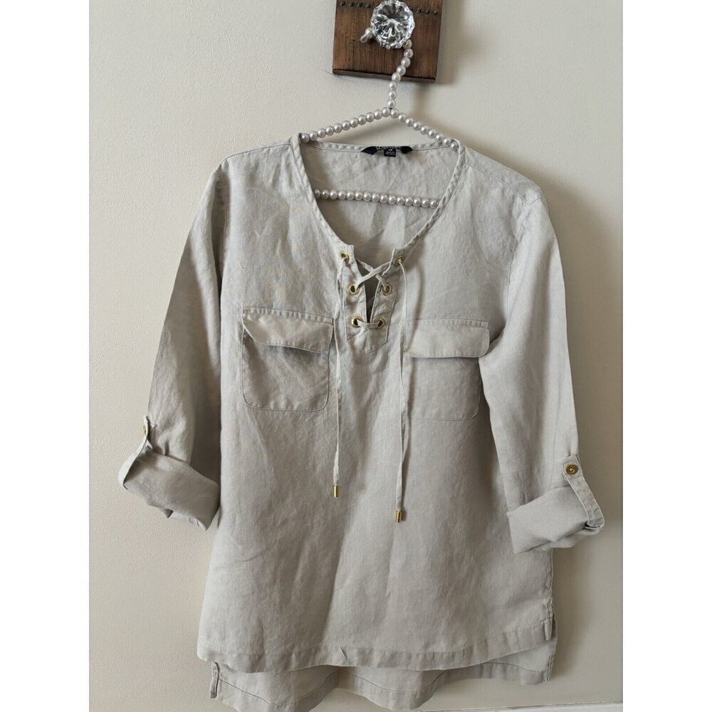 Ellen Tracy Company Womens Size M Beige Lace Up Front Linen Tunic Shirt